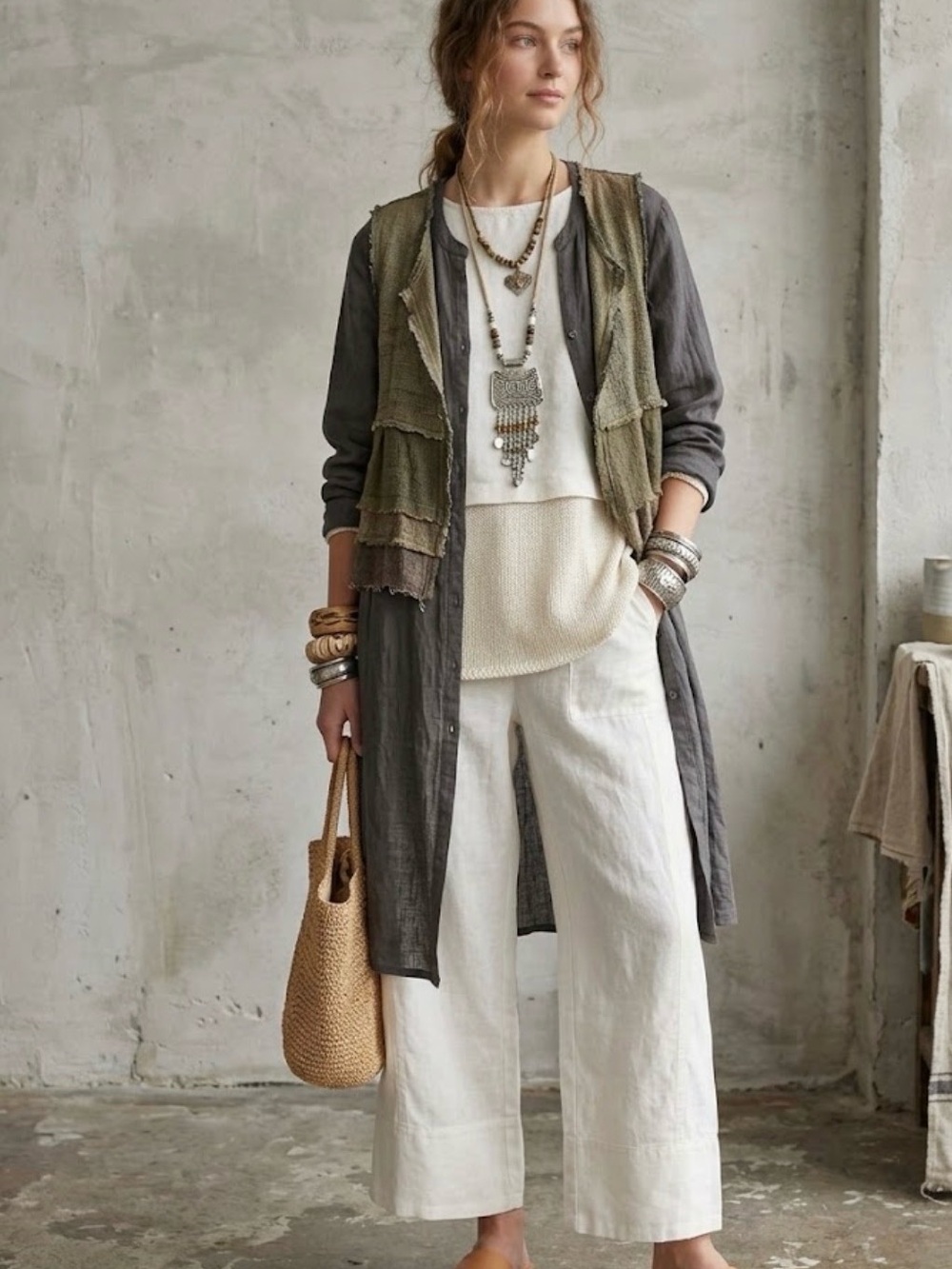 Eileen Fisher 100% Organic Linen Wide Leg Pants White Petite Large PL Lagenlook